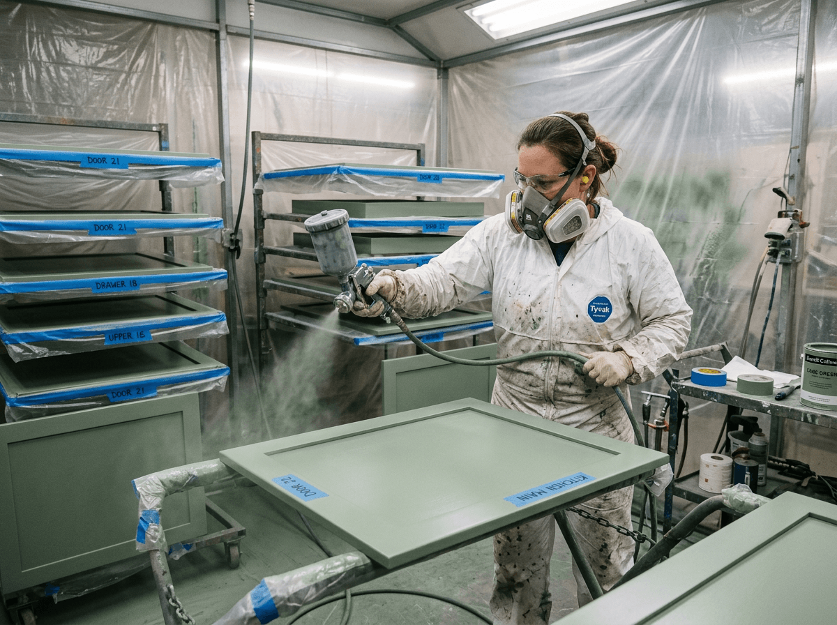 Painter in a respirator spraying sage green enamel onto labeled shaker cabinet doors on drying racks