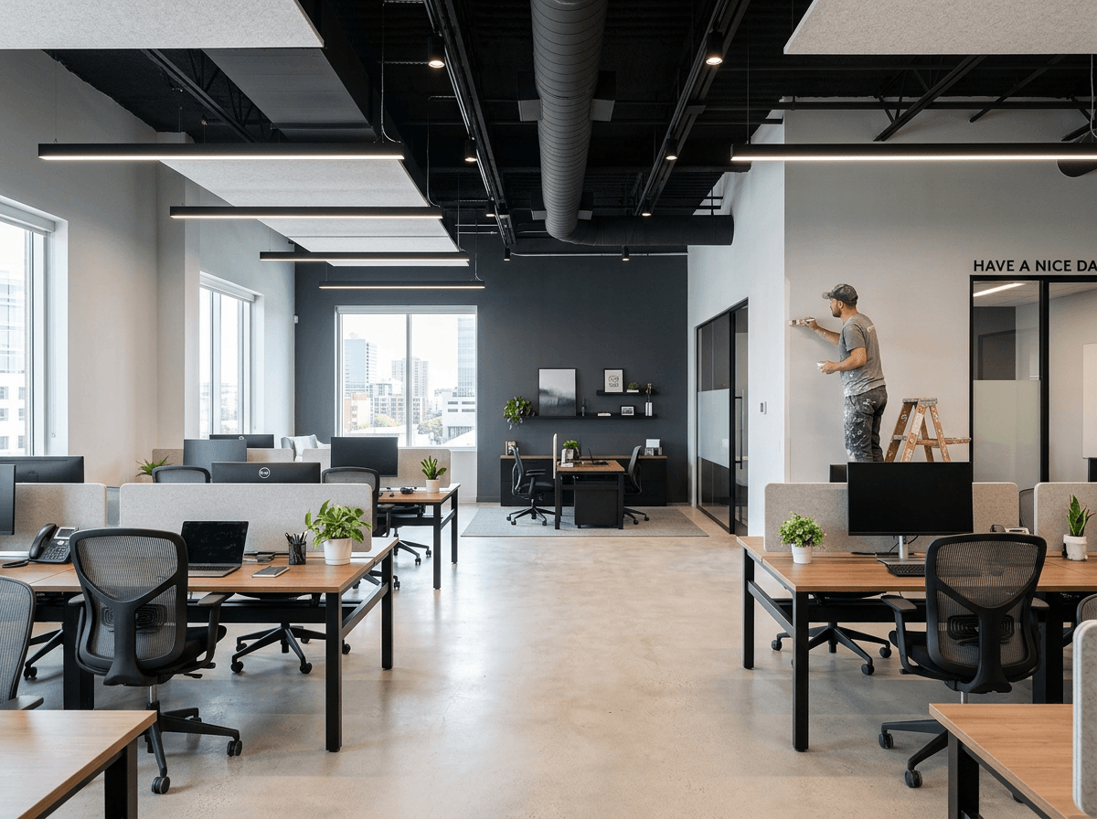 Freshly painted modern office interior with a charcoal feature wall in Shelby Township, MI