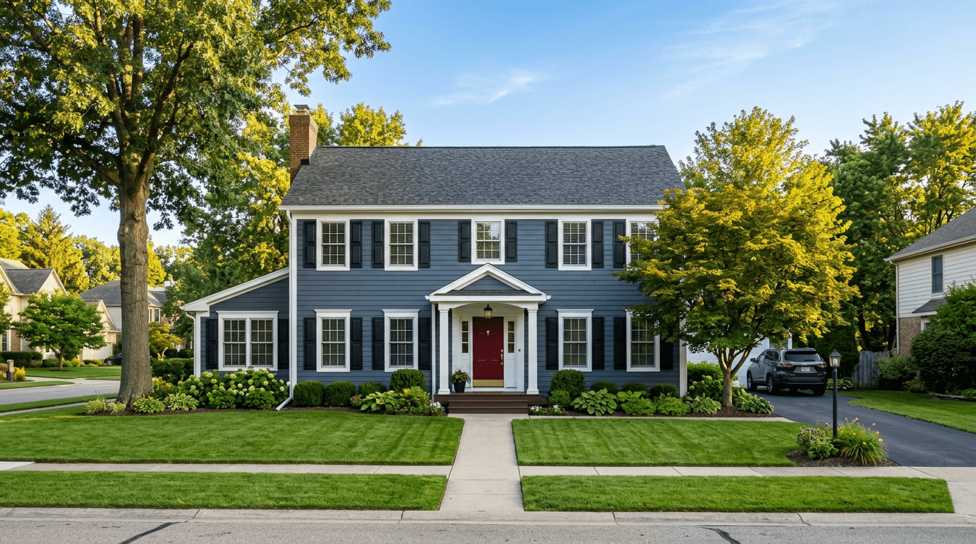 Two-story colonial home in Michigan freshly painted slate blue with white trim, black shutters and a red front door