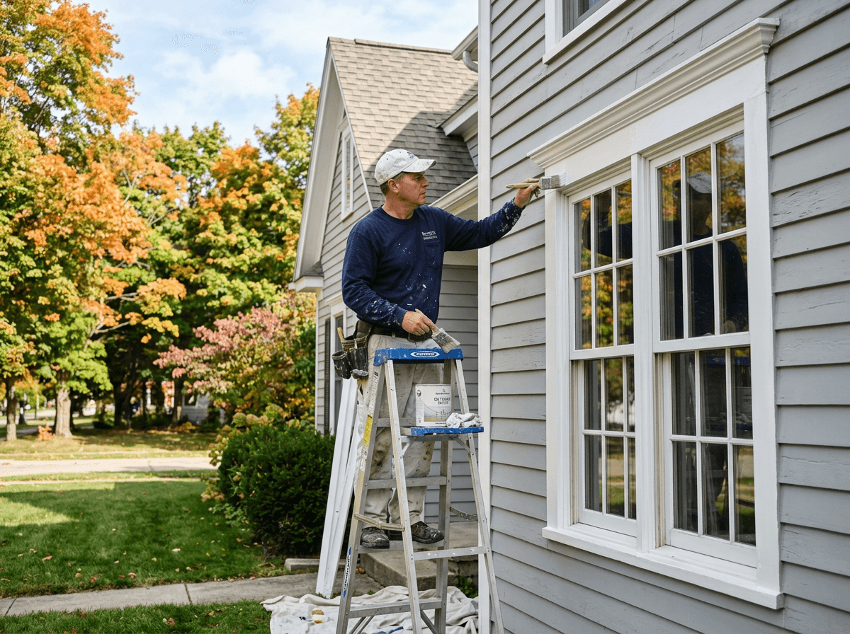 Painter on a ladder painting exterior trim on a Michigan home