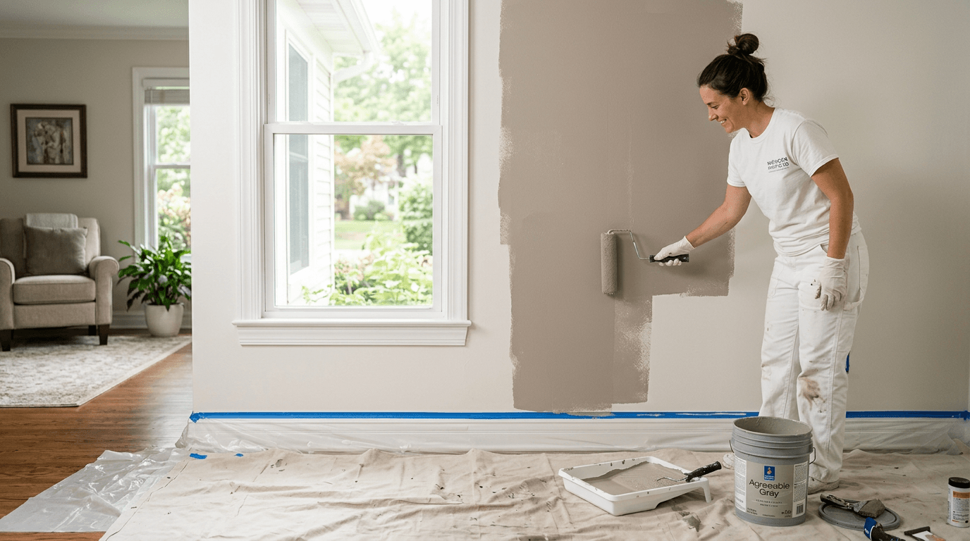 Shelby Macomb Painters interior painter rolling a fresh greige coat on a living room wall in Shelby Township, MI