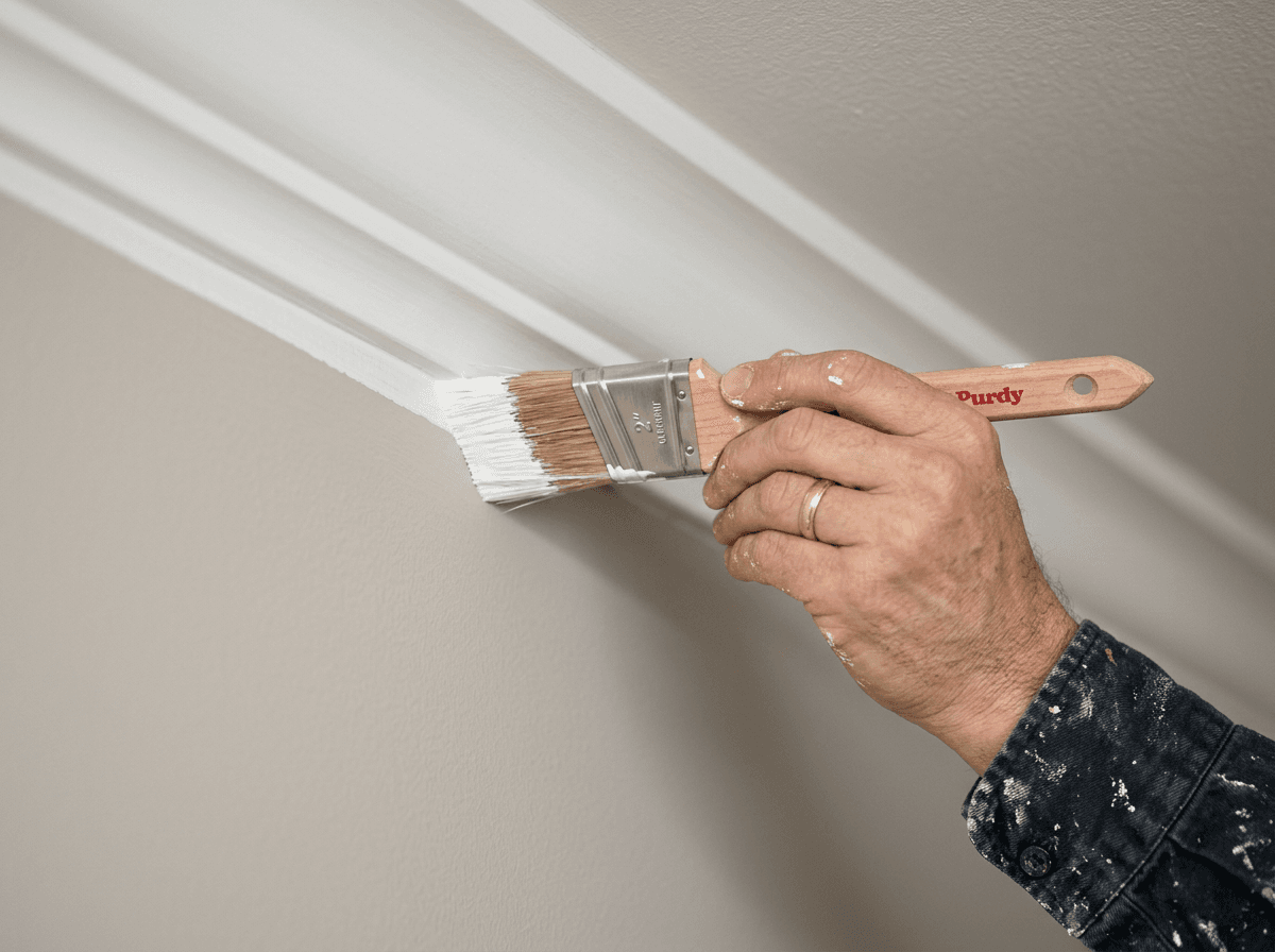 Painter cutting in a straight line along white crown molding with an angled brush