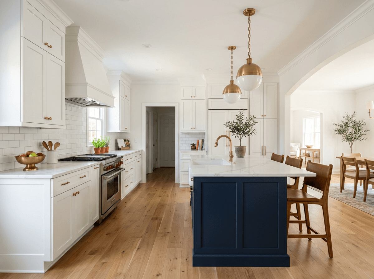 Kitchen with freshly painted white shaker cabinets and a navy blue painted island in a Macomb, MI home