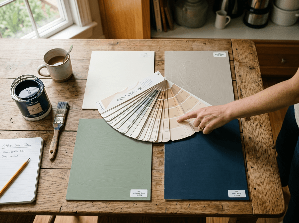 Paint color consultation with swatches and sample boards at a Shelby Township home