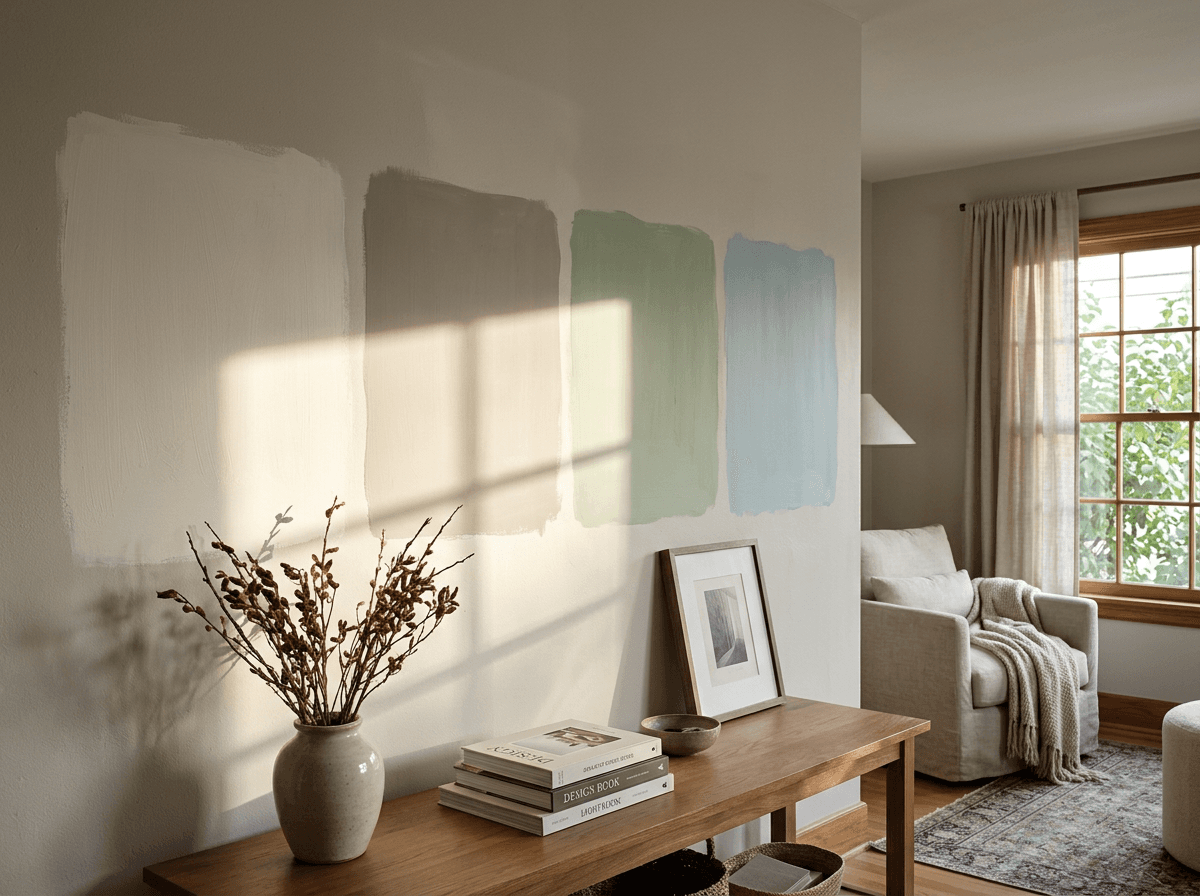 Large paint color samples on a living room wall shown in both sunlight and shadow