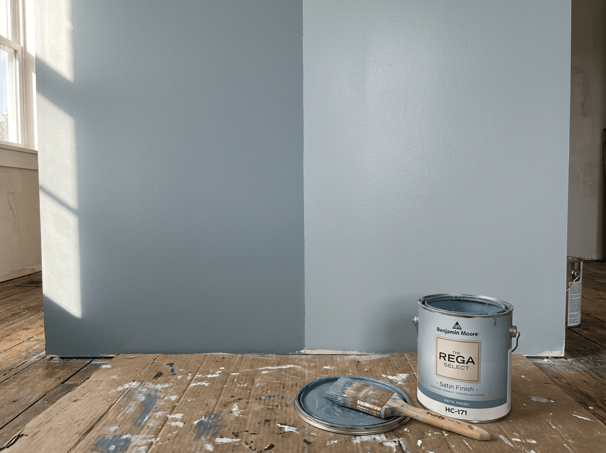 Wall painted half matte and half satin in the same blue-gray color showing sheen difference